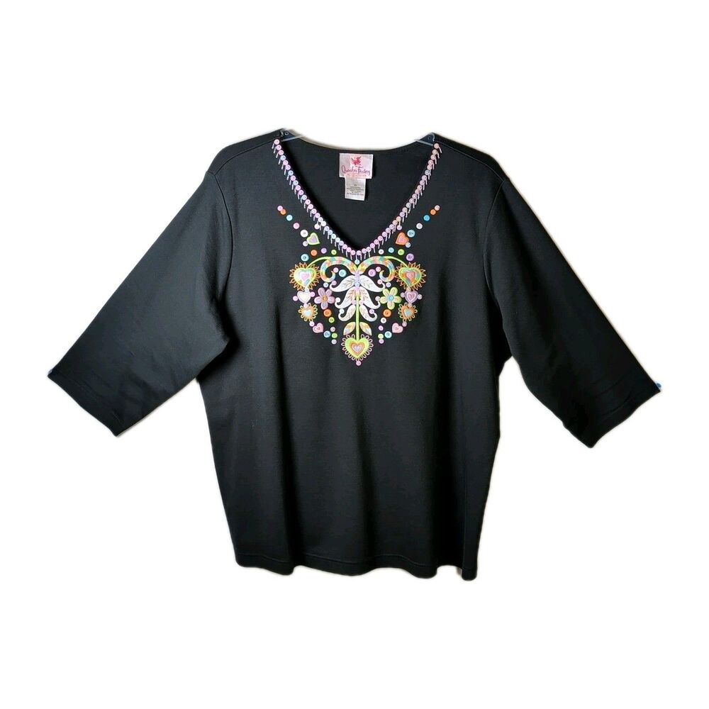 NWOT Quacker Factory Womens Tee - 2X - Embroidered Sequined Beaded Heart Floral